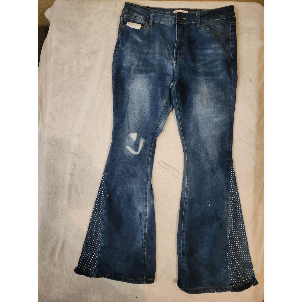 Bamboo Original Denim Flared Jeans Womens Sz 15 Blue Rhinestone Side Panel...